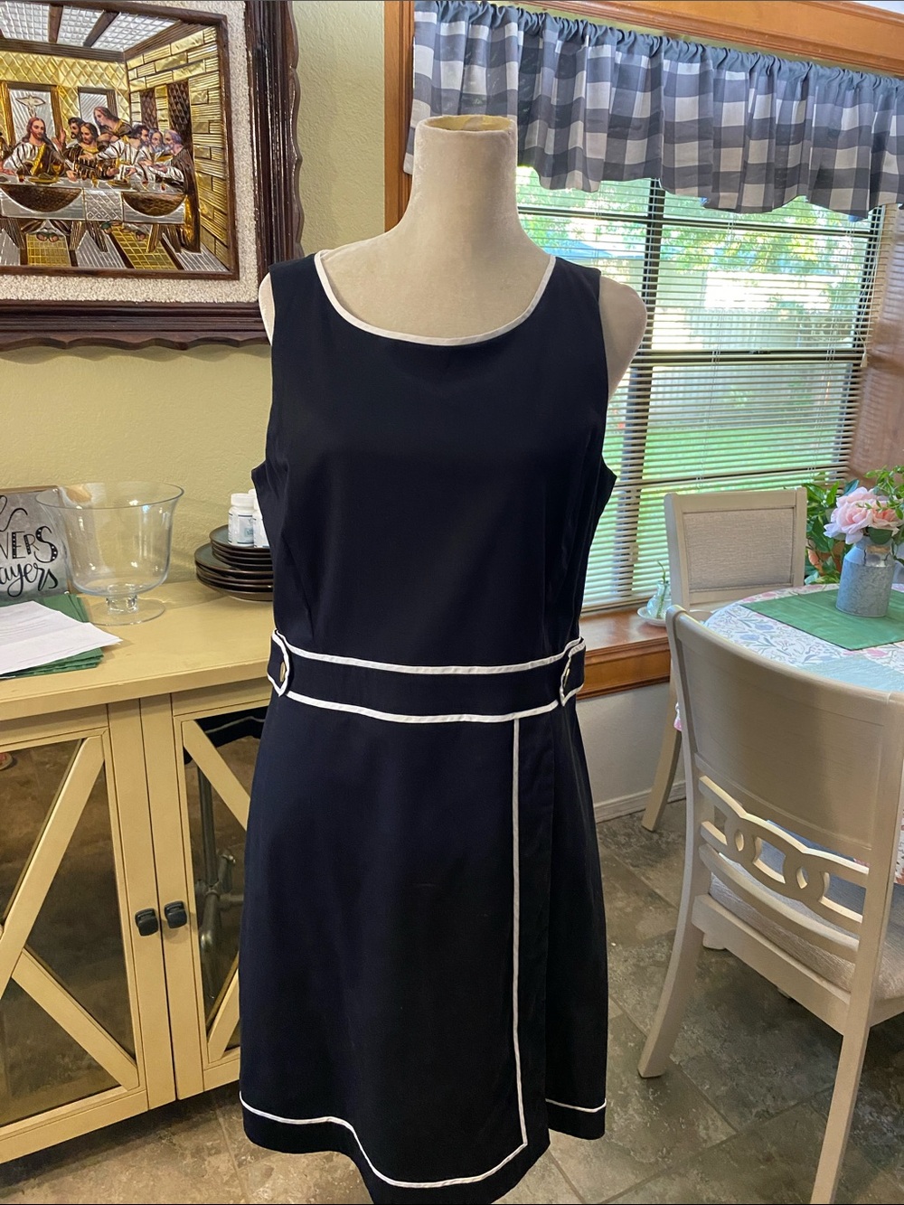 Tommy Hilfiger Black Sleeveless Midi Dress with White Trim and Buckle Detail
